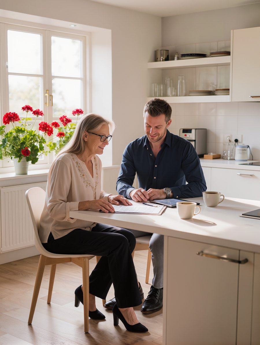 Ältere Frau und ein Berater sitzen in einer hellen, modernen Küche am Tisch und schauen gemeinsam Unterlagen an