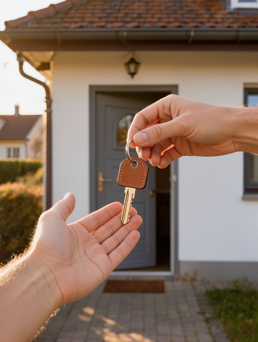 Eine Hand übergibt einen Hausschlüssel vor der offenen Haustür eines Einfamilienhauses