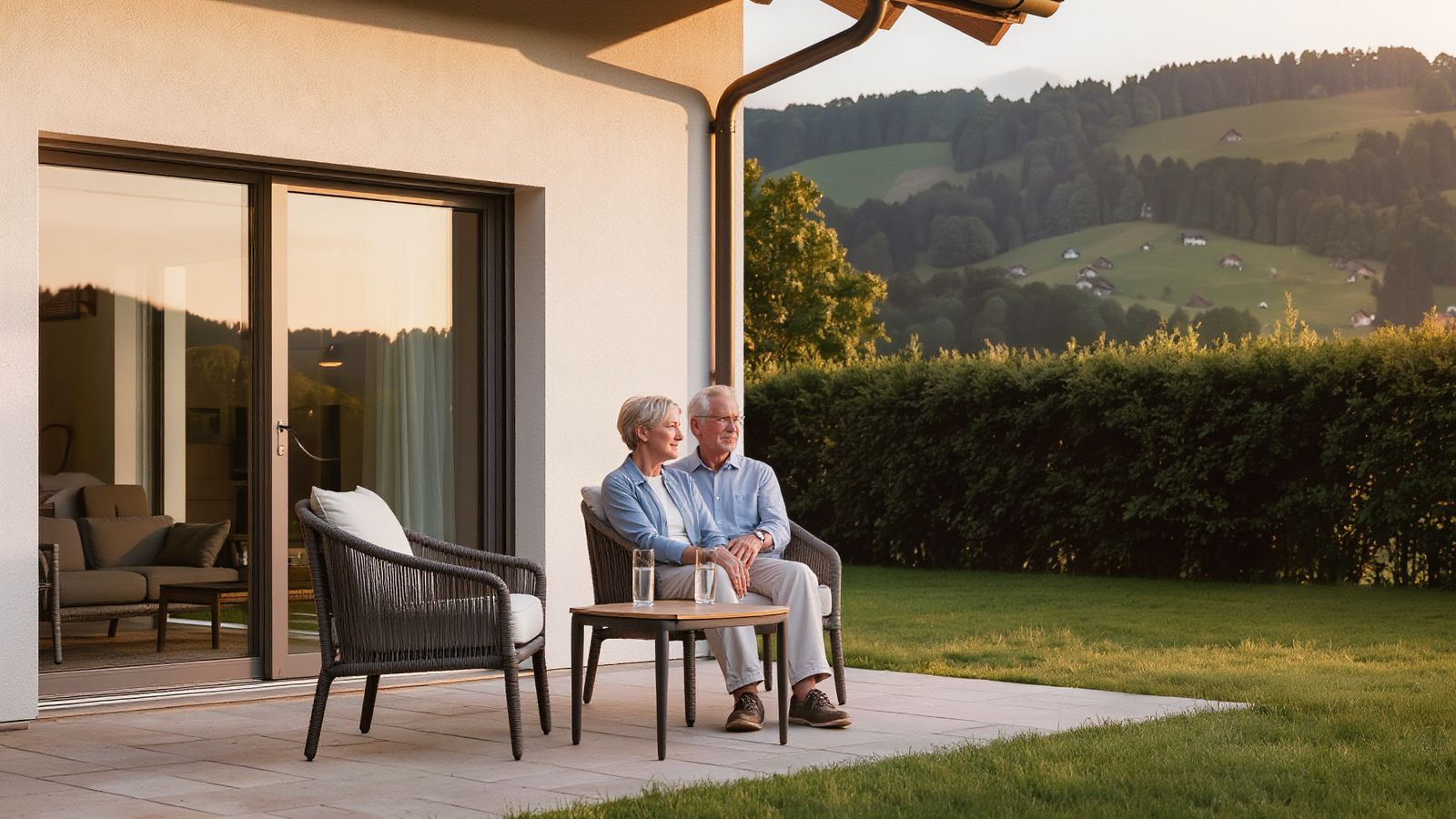 Älteres Paar sitzt am Abend auf der Terrasse seines Einfamilienhauses und blickt über den Garten in die Hügel